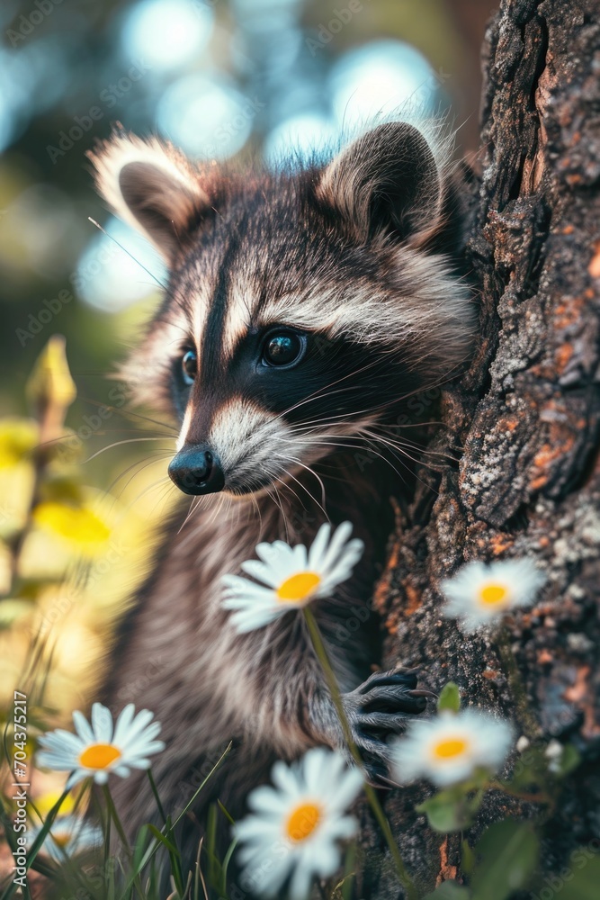 Baby Raccoon reaching for a Daisy while Sitting atop a Log. raccoon in daisy flowers, spring portrait Baby Raccoon reaching for a Daisy while Sitting atop a Log. raccoon in daisy flowers, spring portrait