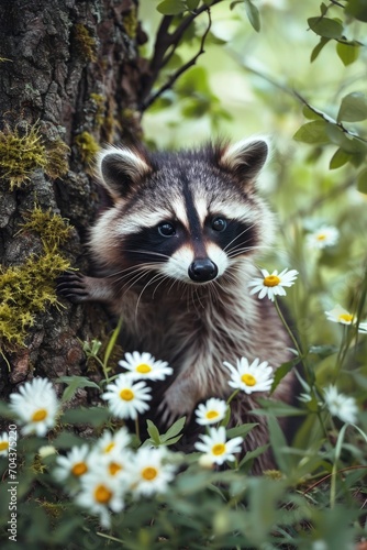 Baby Raccoon reaching for a Daisy while Sitting atop a Log. raccoon in daisy flowers, spring portrait