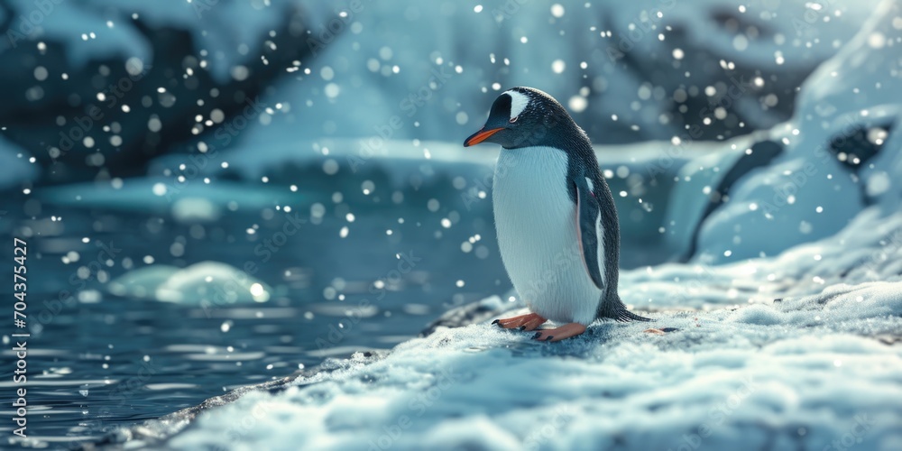 Obraz premium An emperor penguin stands in the middle of a snowstorm on a glacier and admires the sea. Huge high glaciers in winter natural conditions