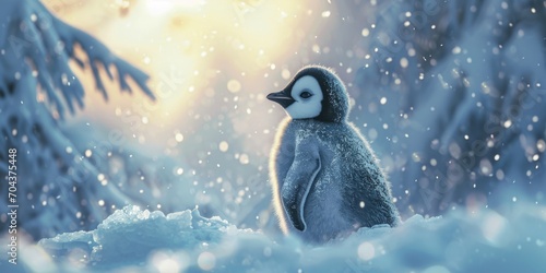 An emperor penguin stands in the middle of a snowstorm on a glacier and admires the sea. Huge high glaciers in winter natural conditions