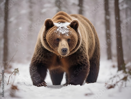 Brown bear in winter forest, walking. Snowfall, blizzard.