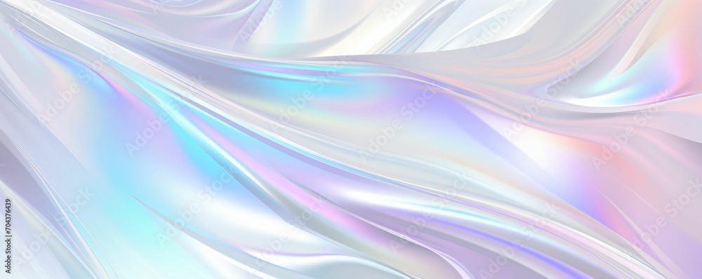 Obraz premium Colorful holographic abstract background with swirls and folds, pastel colors, smooth and shiny, flowing fabrics, light blue and pink. Festive banner for holiday or event
