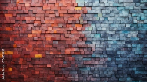 A section of a wall adorned with a mosaic of multicolored bricks, forming an abstract and visually intriguing textured background.