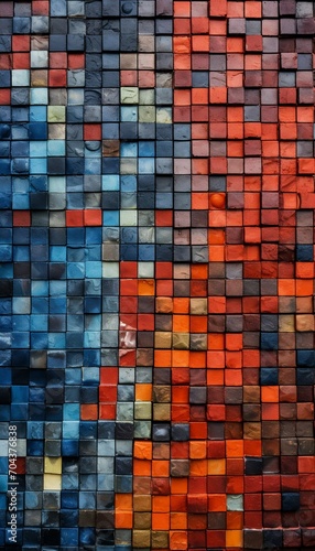 A section of a wall adorned with a mosaic of multicolored bricks, forming an abstract and visually intriguing textured background.
