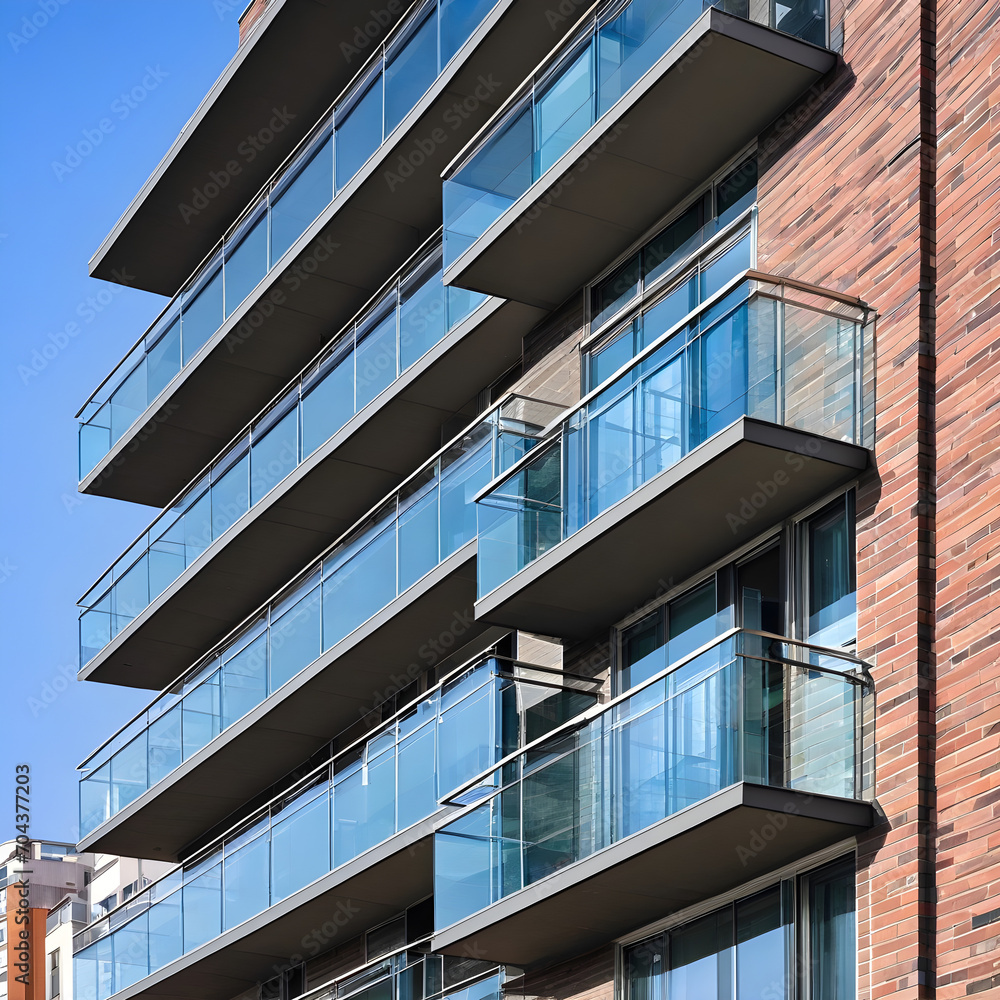 Apartment building with modern glass balconies in city Apartment building with modern glass balconies in city