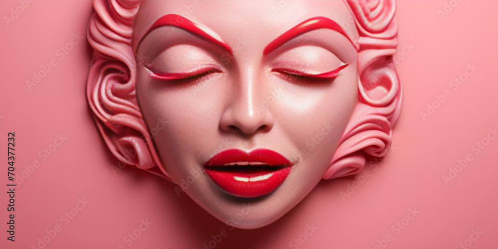 Beautiful plump bright lips in the style of red and pink, conceptual pop, cut/ripped into the slit of colored paper.