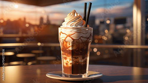 Photo ice coffee drink in cafeteria with whip cream on sunset moment