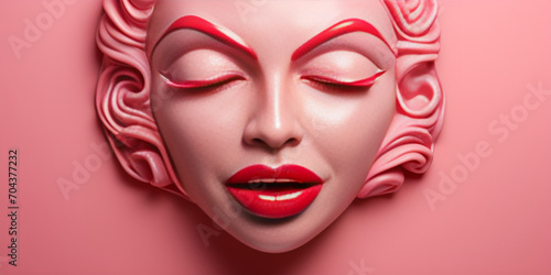 Beautiful plump bright lips in the style of red and pink, conceptual pop, cut/ripped into the slit of colored paper.
