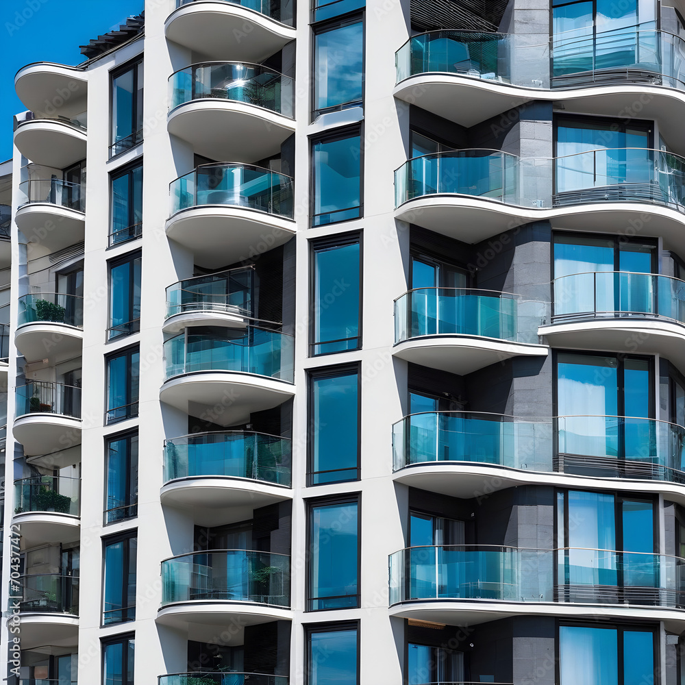 Apartment building with modern glass balconies in city Apartment building with modern glass balconies in city