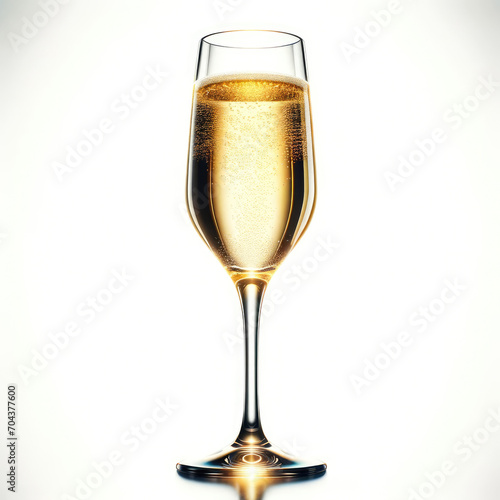 a champagne glass filled with effervescent champagne on a stark white