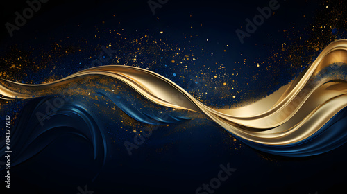 A swirling, abstract wave of gold and blue liquid ripples across a dark background.