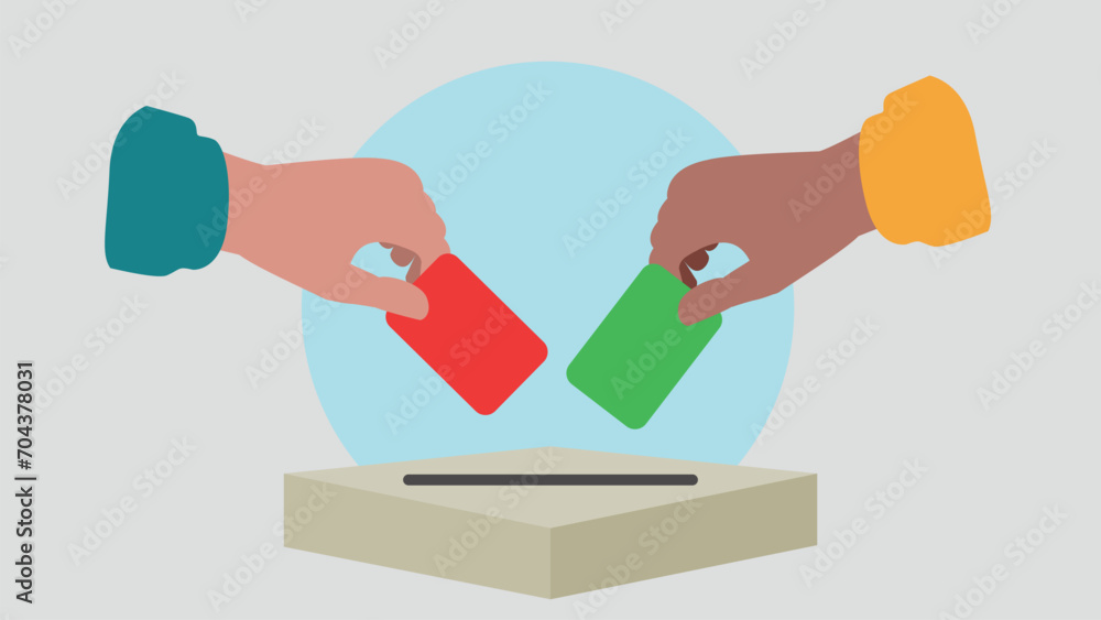 Vektor-Illustration einer Person, die einen Stimmzettel in eine Wahlurne wirft und damit eine Stimme abgibt - Wahl oder soziale Umfrage Konzept Vektor-Illustration einer Person, die einen Stimmzettel in eine Wahlurne wirft und damit eine Stimme abgibt - Wahl oder soziale Umfrage Konzept