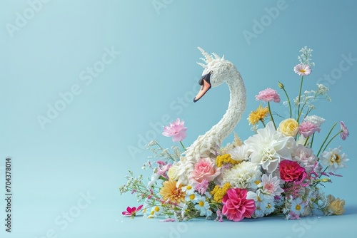 Fototapeta Naklejka Na Ścianę i Meble -  Colorful swan with spring flowers. AI generative art	