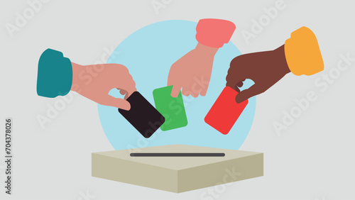 Vektor-Illustration einer Person, die einen Stimmzettel in eine Wahlurne wirft und damit eine Stimme abgibt - Wahl oder soziale Umfrage Konzept