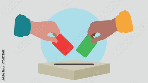 Vektor-Illustration einer Person, die einen Stimmzettel in eine Wahlurne wirft und damit eine Stimme abgibt - Wahl oder soziale Umfrage Konzept