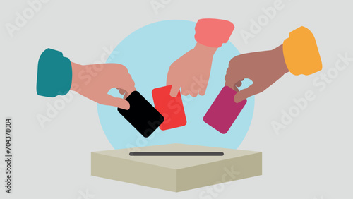 Vektor-Illustration einer Person, die einen Stimmzettel in eine Wahlurne wirft und damit eine Stimme abgibt - Wahl oder soziale Umfrage Konzept