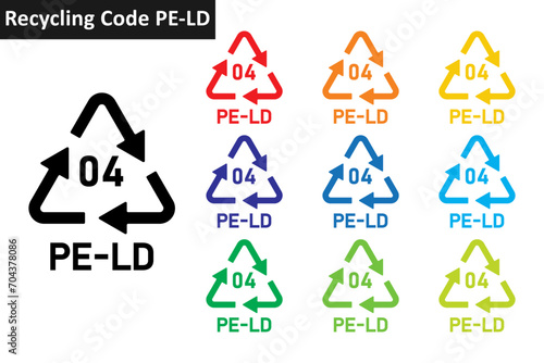 PE-LD plastic recycling code icon set. Plastic recycling symbols 04 PE-LD. Plastic recycling code 04 icon collection in ten different colors. Set of plastic recycling code symbol icon 04 PE-LD.