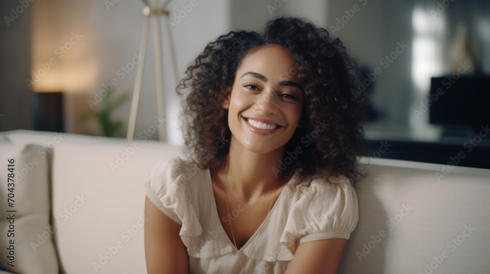 Radiant young woman with curly hair beams with joy, sitting comfortably at home, her smile exuding warmth and a positive lifestyle Radiant young woman with curly hair beams with joy, sitting comfortably at home, her smile exuding warmth and a positive lifestyle