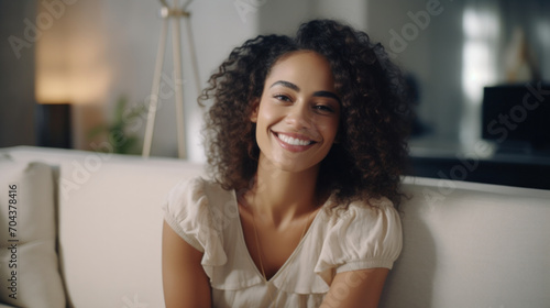 Radiant young woman with curly hair beams with joy, sitting comfortably at home, her smile exuding warmth and a positive lifestyle