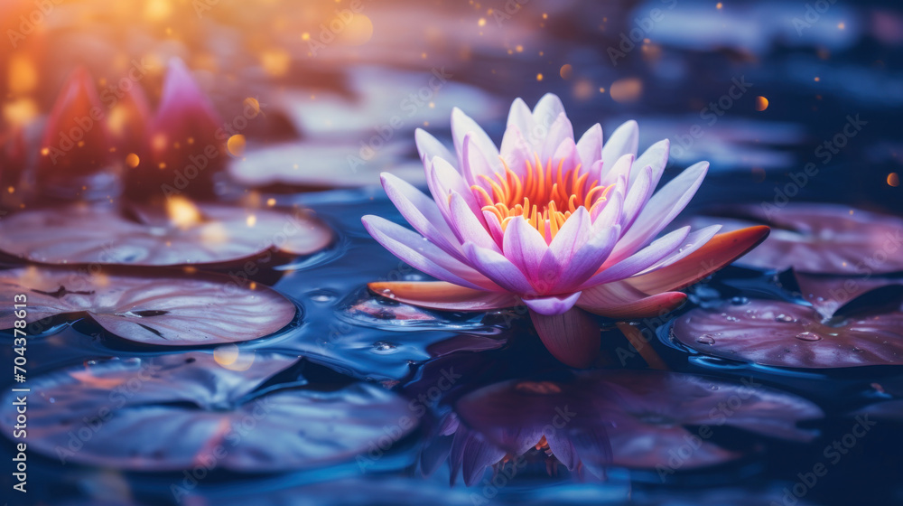 A beautiful pink water lily opens its petals on a tranquil pond, with a magical backdrop of soft light and floating leaves.