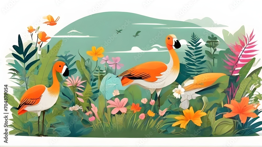 Obraz premium International day of tropics vector illustration with copy space for text for poster, banner, invitation card. Hawaii theme Flat cartoon hand drawn Tropical background with grass, flowers. June 29