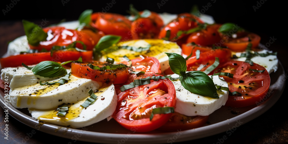 sliced tomato and mozarella with fresh basil, and a hint of olive oil on a plate at an italian restauratn as an apetizer