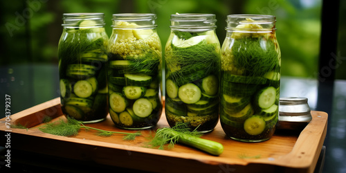 fermenting and preserving cucumber with traditional method in jars brine photo