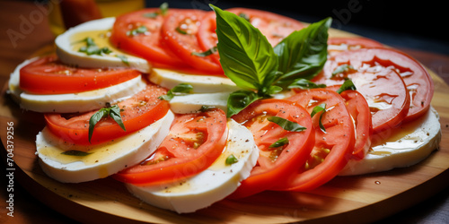 sliced tomato and mozarella with fresh basil, and a hint of olive oil on a plate at an italian restauratn as an apetizer