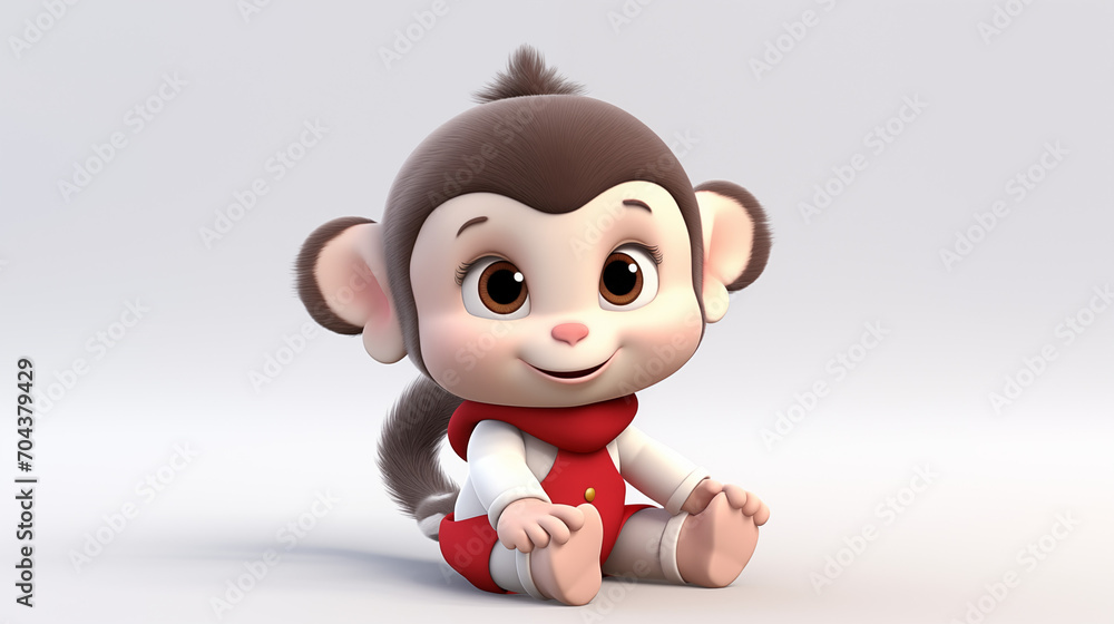 3d cartoon little monkey wear scarf in white background