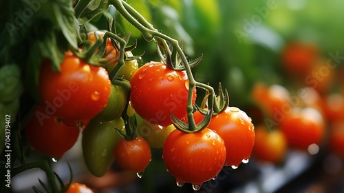 Close-up of ripe and unripe tomatoes on the vine with water drops photo
