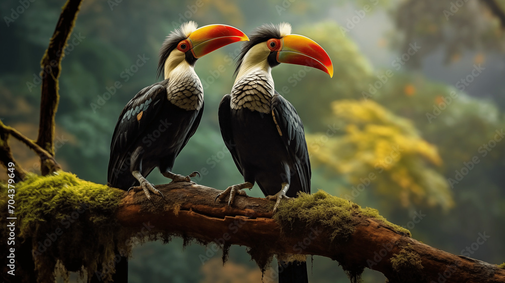 Obraz premium A couple hornbill bird stay on the branch in the forest