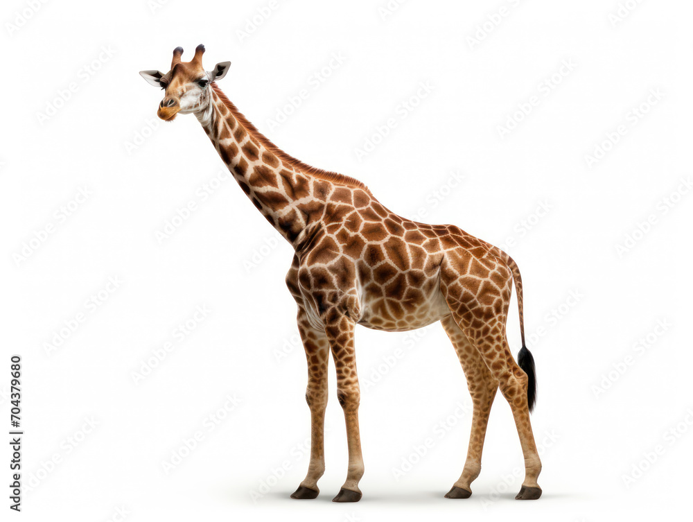 Giraffe with long neck and standing spotted fur isolated on white background