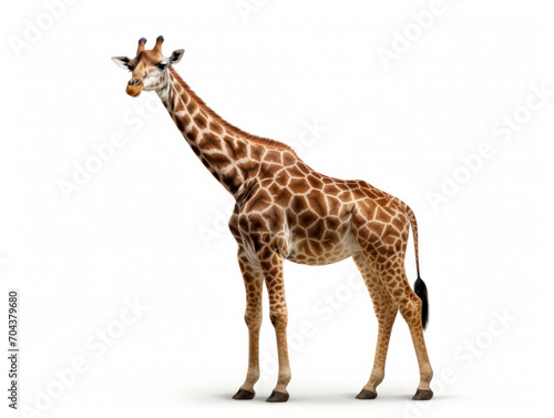 Giraffe with long neck and standing spotted fur isolated on white background