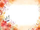 A illustration watercolor background photograph with empty copy center area of a watercolor illustration invitation background with warm color flowers in to the corners