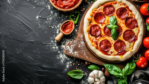 Pepperoni Pizza Ingredients on Wooden Pizza Peel