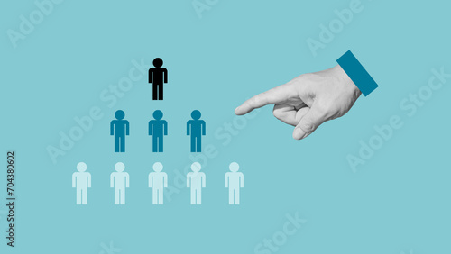 Delegate tasks, corporate structure, delegating and company hierarchy concept. Collage with hand and figures of employees photo