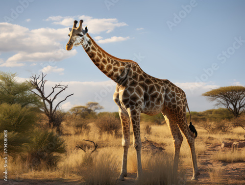 Giraffe walking through the savanna among the plants