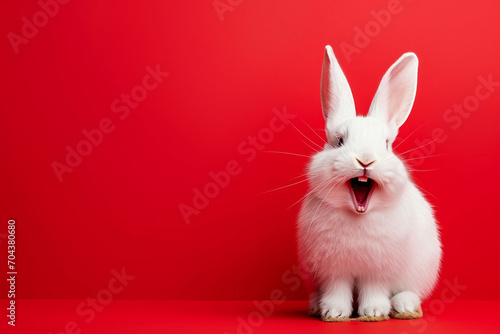 Cute animal pet rabbit or bunny white color smiling and laughing isolated with copy space for easter background, rabbit, animal, pet, cute, fur, ear, mammal, backgound © suvorovalex