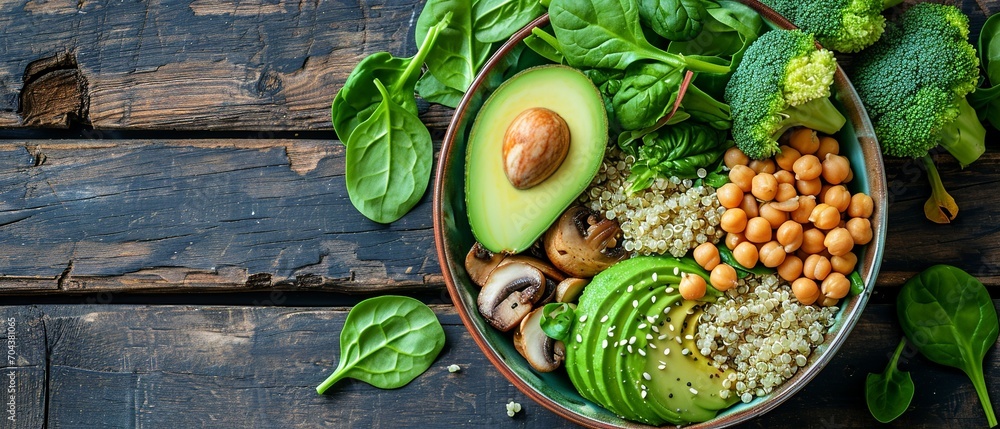 Healthy Vegan Lunch Bowl Ingredients on Natural Wood

