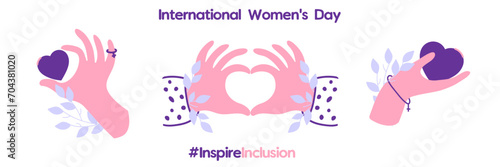 A collection of cartoon icons for International Women's Day 2024 - March 8. Stylized symbols of the #InspireInclusion movement. Hands in the shape of a heart, a heart in your hand. Vector illustration