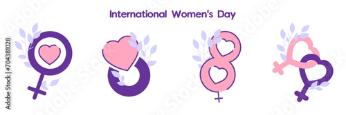 A collection of cartoon icons for International Women's Day - March 8th. Stylized eights, venus mirror, aesthetic branches, hearts. Vector illustration