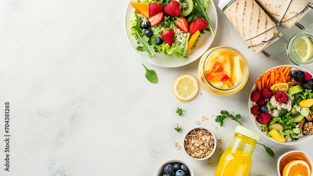 Healthy Take Away Food Assortment on Minimalist Surface

