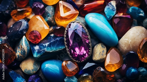 Close-up of a pile of vibrant gemstones, showcasing their unique hues and different sizes, creating a visually stunning and precious arrangement.