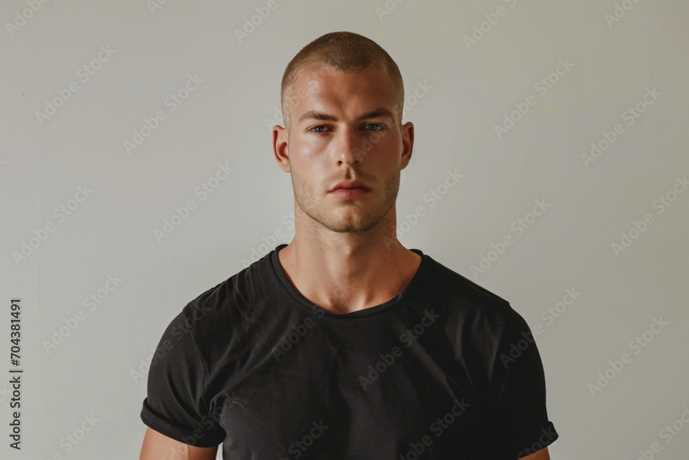 Strobe-Lit Studio Portrait of Muscular 25-Year-Old Man with Buzz Cut Wearing Black T-Shirt