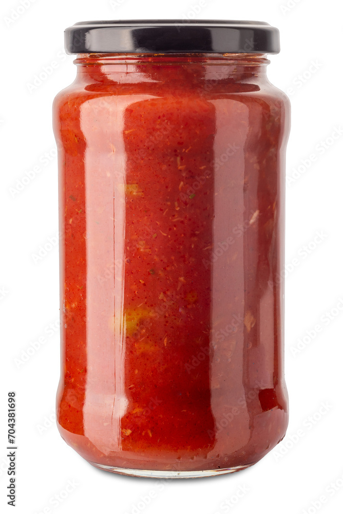 Ready-to-use tomato and olives sauce in glass jar isolated Ready-to-use tomato and olives sauce in glass jar isolated