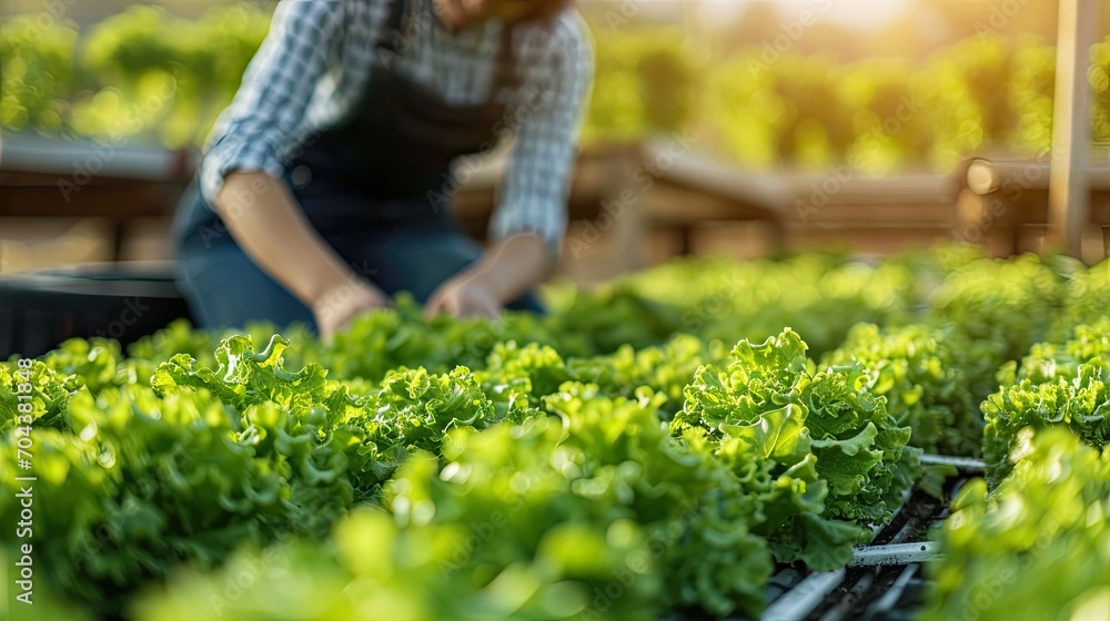 Obraz premium Hydroponics vegetable farm, Farmer harvest hydroponics vegetable in farms morning 