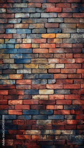 A close-up of a textured brick wall with a mix of warm and cool tones, creating a dynamic and visually appealing background for design.