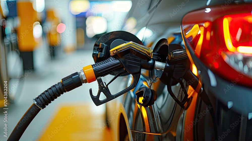 Gun petrol in the tank to fill. Car refueling concept Gun petrol in the tank to fill. Car refueling concept