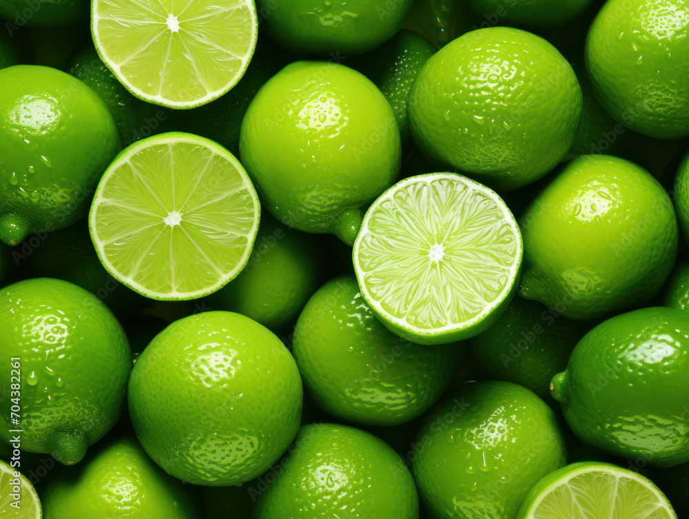 Background bunch of green lemons and lemon slices Background bunch of green lemons and lemon slices