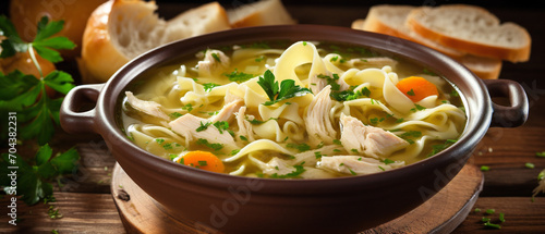 A warm, inviting bowl filled with homemade chicken noodle soup, steam rising, epitomizing comfort food.